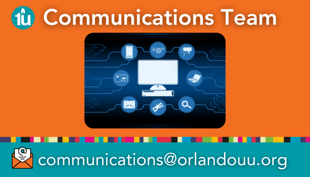 Orange banner with 'Communications Team' in white text above a blue circuit-themed graphic with computer icons. Email address below in white text on teal background.